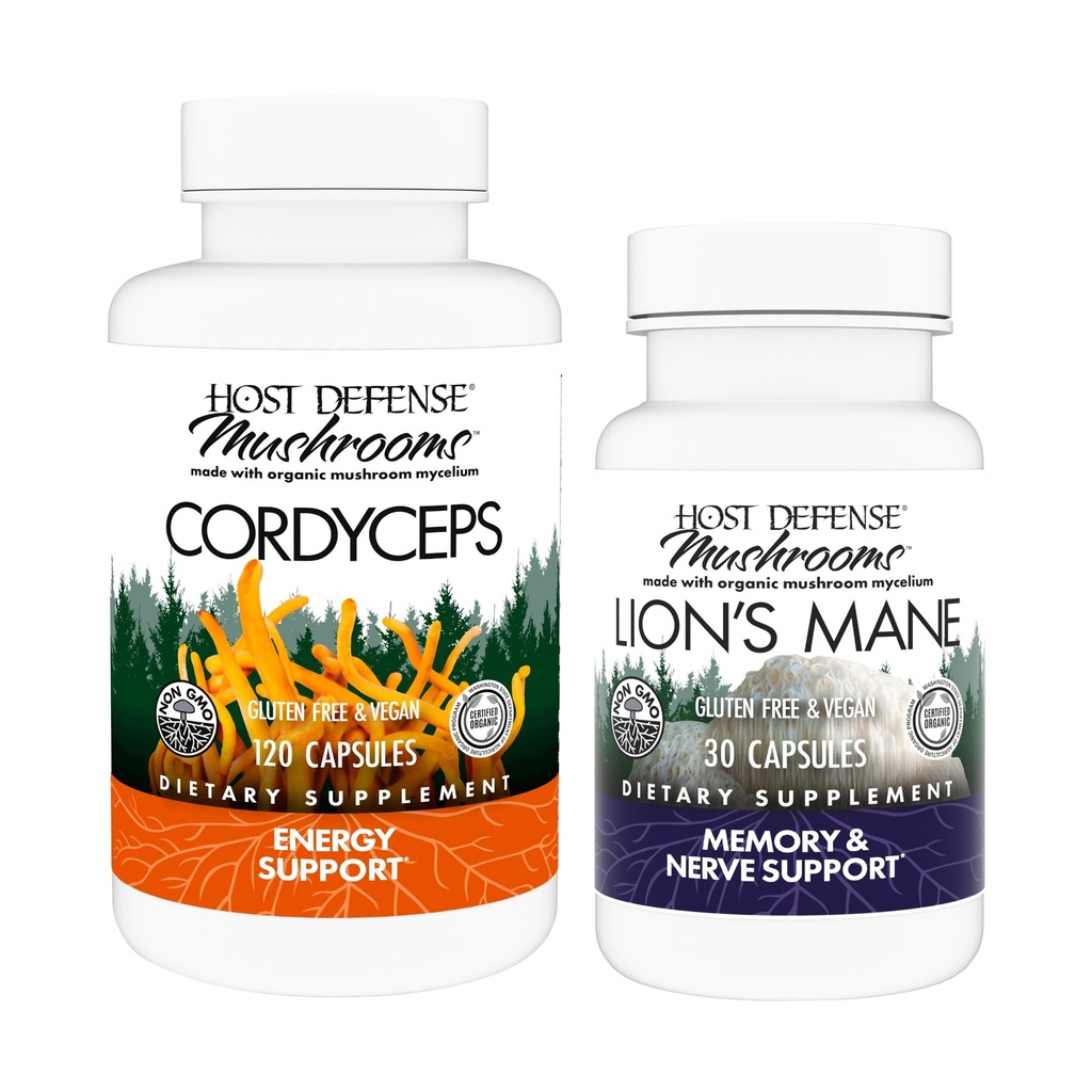Host Defense Bundle with Cordyceps Capsules, 120 Count & Lion's Mane Capsules, 30 Count - Support Immune Health & Energy - Support Brain Health, Memory & Focus*