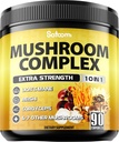 Satoomi 10in1 Mushroom Supplement Complex - Lions Mane, Cordyceps, Reishi, Chaga και 6 Περισσότερα - Συμπληρώματα εγκεφάλου για Μνήμη & Εστίαση - 90 Κόμης - 3 Μήνες Προμήθεια