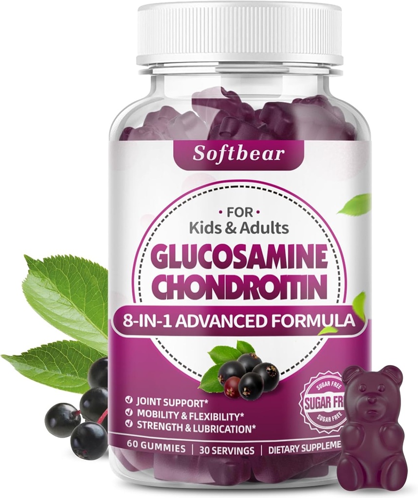 softbear Glucosamine Chondroitin Gummies, Sugar Free Glucosamine Chondroitin MSM Supplement with Elderberry Turmeric Supports Joint Health & Antioxidant, Elderberry Flavored 60 Count
