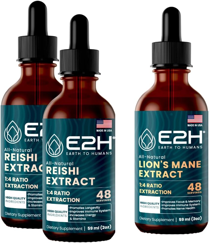 E2H: Reishi (2 Pack) & Lion's Mane Extracts - Ενέργεια, μακροζωία, Γνωστική οξύτητα, Ανοσία - Μη ΓΤΟ, Vegan - 2 Fl Oz Κάθε (6 Fl Oz Total) - Bundle