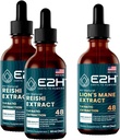 E2H: Reishi (2 Pack) & Lion's Mane Extracts - Ενέργεια, μακροζωία, Γνωστική οξύτητα, Ανοσία - Μη ΓΤΟ, Vegan - 2 Fl Oz Κάθε (6 Fl Oz Total) - Bundle