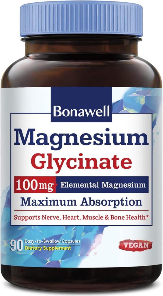 Bonawell Magnesium Glycinate, Chelated Magnesium Supplement, Maximum Bioavailability & Absorption, No Gluten, 100mg Elemental Magnesium, Nerve, Heart, Muscle Health & Relaxation, 90 Vegan Capsules