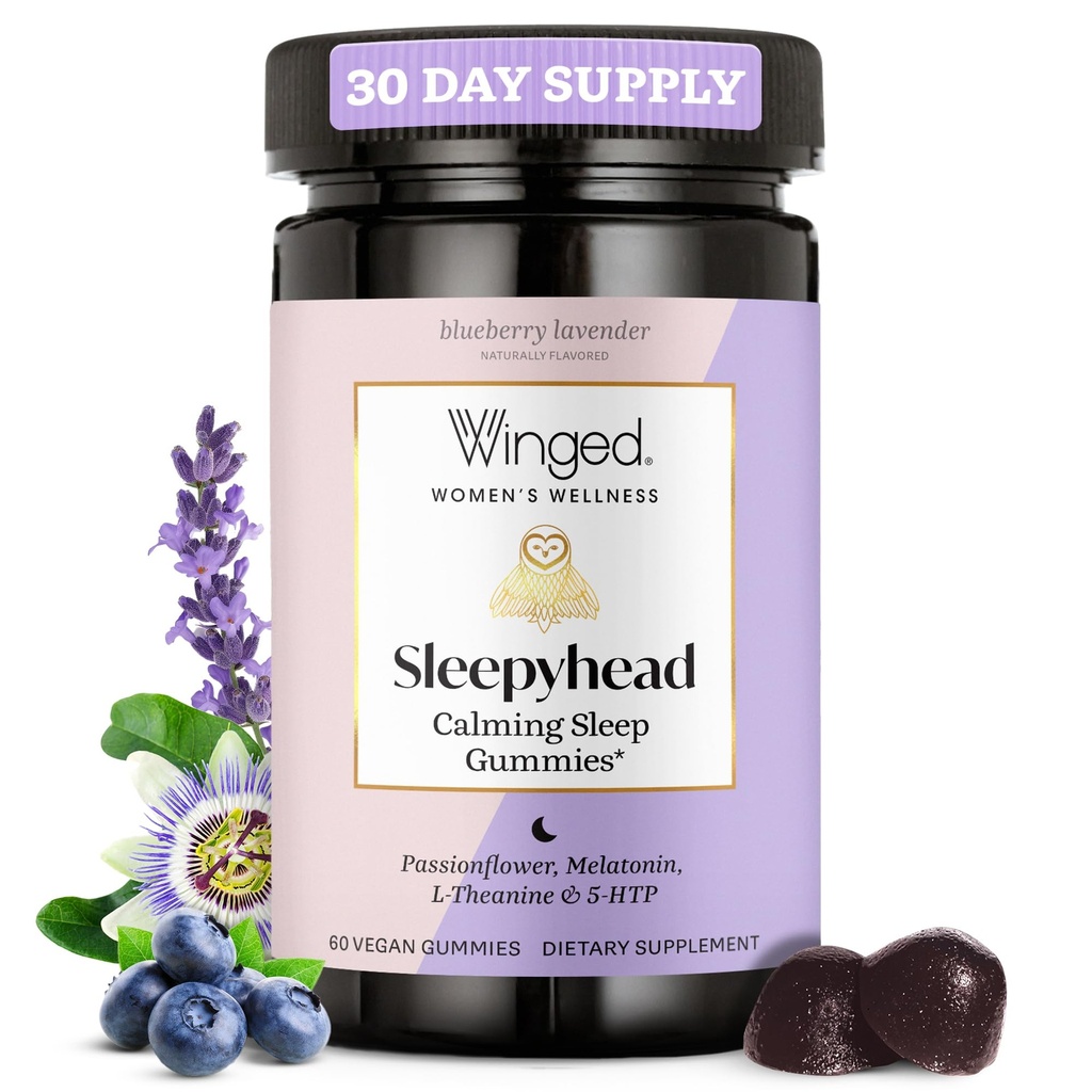 Winged Wellness Sleepyhead Natural Sleep Gummies for Women - Prime Sleep Support Aid for Adults with 3mg Melatonin, L-Theanine, 5-HTP - Λεβάντα βατόμουρο Γεύση - 30 Υπηρεσίες