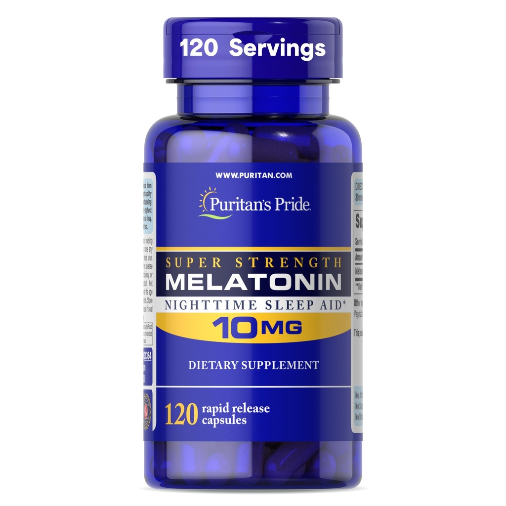 Puritan's Pride Premium Super Strength Melatonin 10mg Sleep Aid, Συμπλήρωμα διατροφής για τον ήχο, την ηρεμία και τη μεγαλύτερη υποστήριξη ύπνου, 4 μήνες προμήθεια, 120 κάψουλες ταχείας απελευθέρωσης (Packaging May Vary)