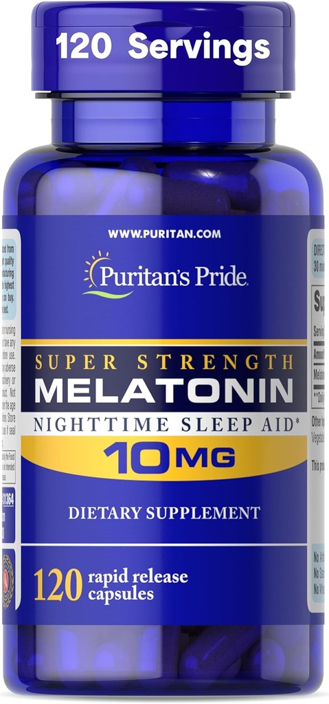 Puritan's Pride Premium Super Strength Melatonin 10mg Sleep Aid, Συμπλήρωμα διατροφής για τον ήχο, την ηρεμία και τη μεγαλύτερη υποστήριξη ύπνου, 4 μήνες προσφοράς, 120 κάψουλες ταχείας απελευθέρωσης (Packaging May Vary)