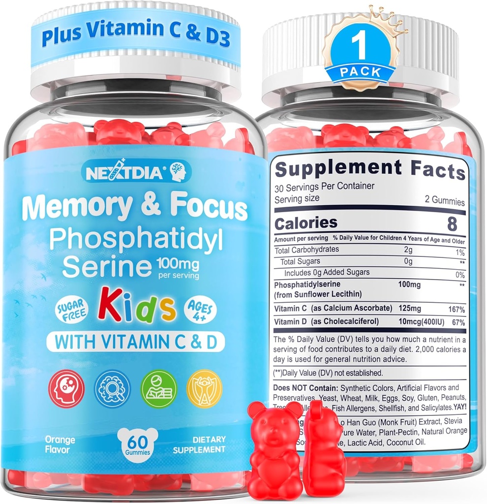 Συμπληρώματα Φωσφατιδυλσερίνης 100mg, Focus Gummies for Kids Teens + Vitamin C & D3 400IU, Sugar Free Kids Brain Gummies Αύξηση Προσοχής & Συγκέντρωσης, Μασώμενα, Vegan, Χωρίς Γλουτένη, Μη ΓΤΟ 60Cts