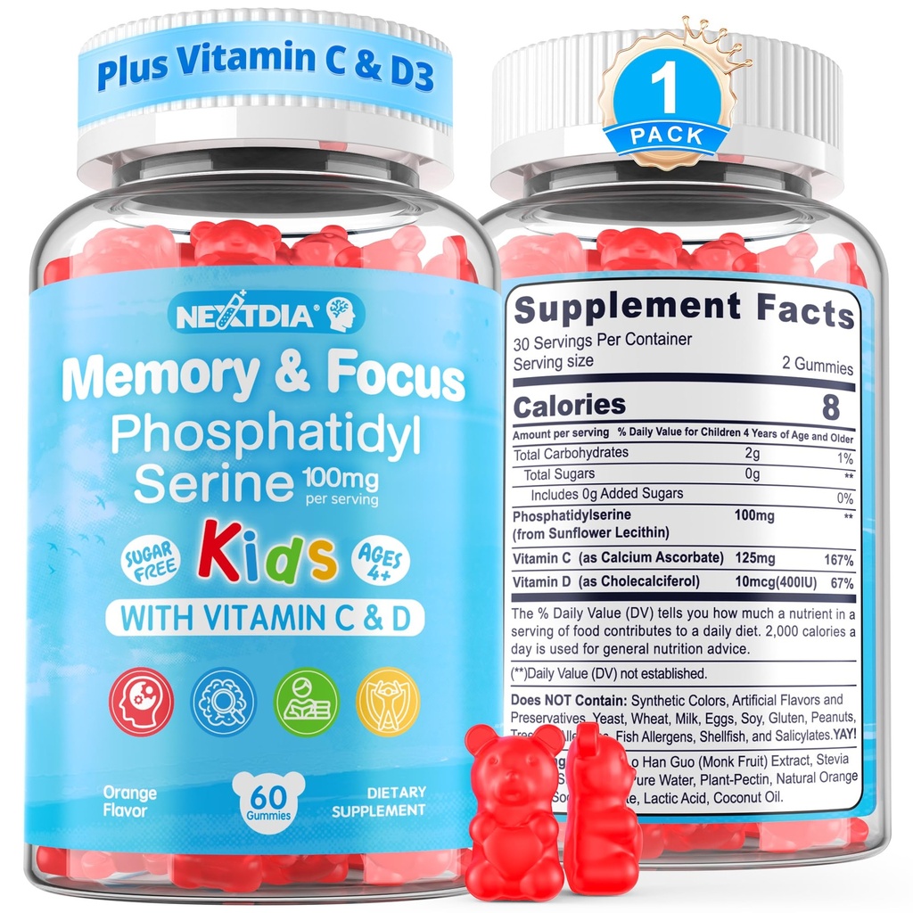 Phosphatidylserine Supplement 100mg, Focus Gummies for Kids Teens + Vitamin C & D3 400IU, Sugar Free Kids Brain Gummies Increase Attention & Concentration, Chewable, Vegan, Gluten Free, Non-GMO 60Cts