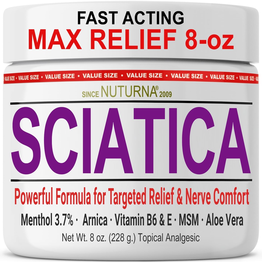 Sciatica Nerve Cream - Μέγιστη δύναμη Κρέμα άνεσης για τα πόδια, τα χέρια, τα πόδια, τα δάχτυλα, την πλάτη - Φυσικό Ultra Strength Arnica, MSM, Menthol, Καταπραϋντική άνεση, Μεγάλο 8 Oz