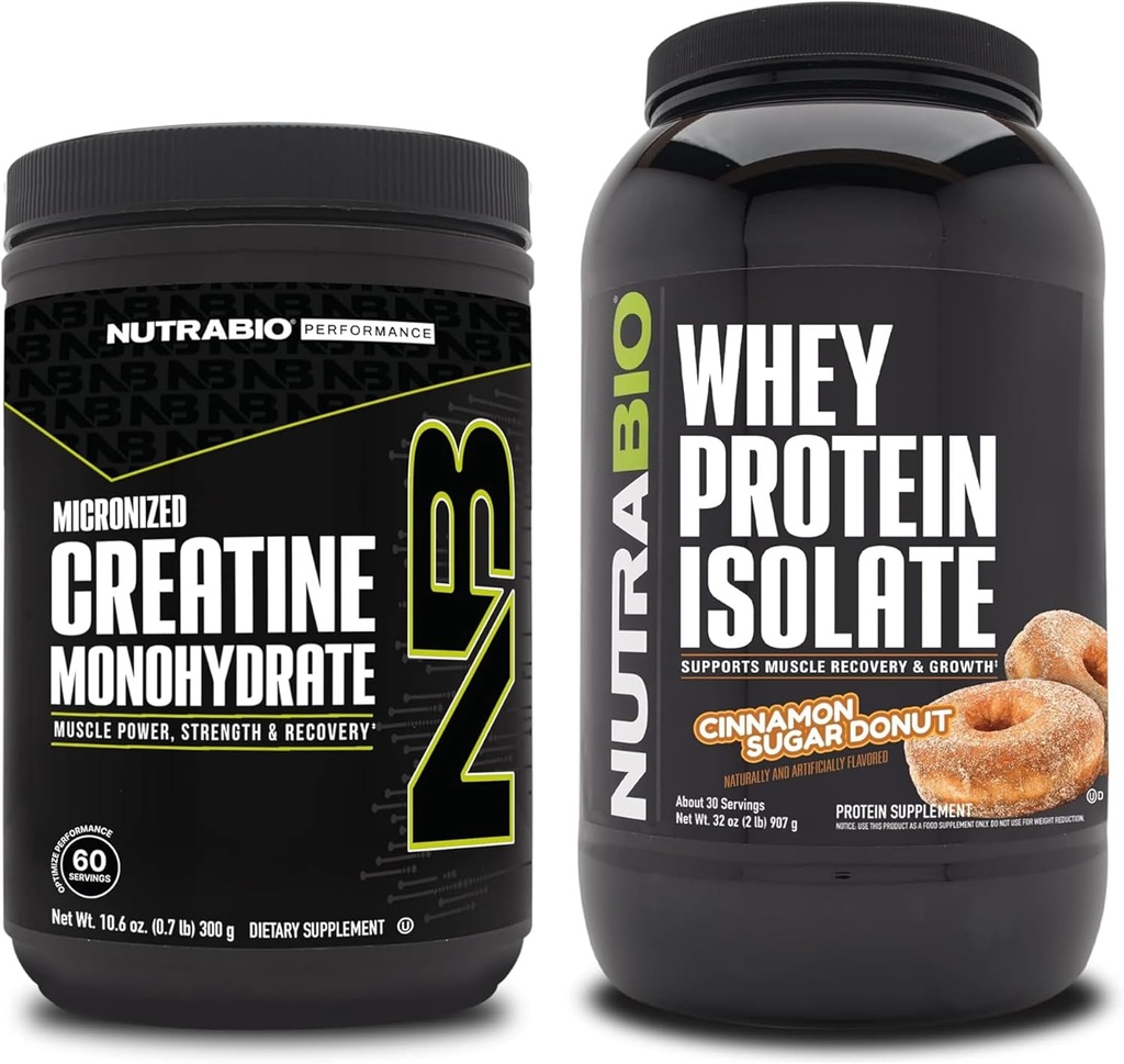NutraBio Creatine Monohydrate, Unflavored, 300g και Whey Protein Isolate, κανέλα ζάχαρη Donut, συμπλήρωμα Bundle - μυϊκή ενέργεια, Lean μυϊκή ανάπτυξη, ανάκτηση, και δύναμη