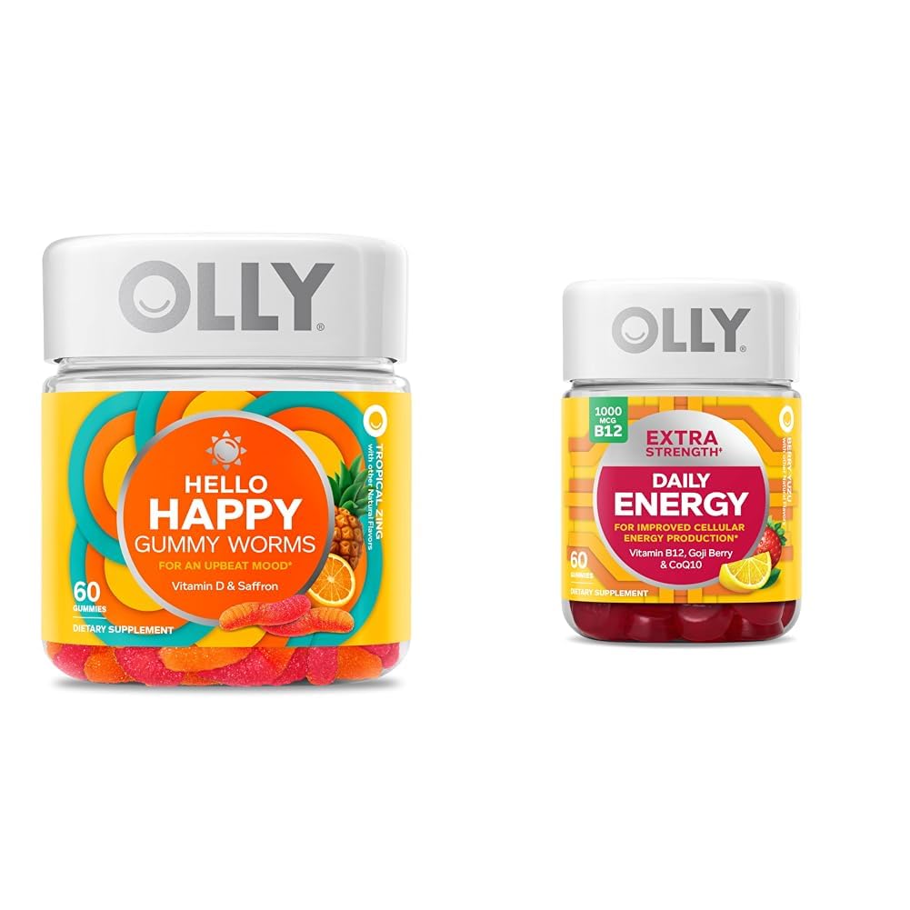 OLLY Hello Happy Gummy Worms, υποστήριξη ισορροπίας Mood, βιταμίνη D, Saffron, συμπλήρωμα μάσημα ενηλίκων & επιπλέον δύναμη καθημερινή ενέργεια Gummy, χωρίς καφεΐνη, 1000mcg βιταμίνη B12, CoQ10, Goji Berry
