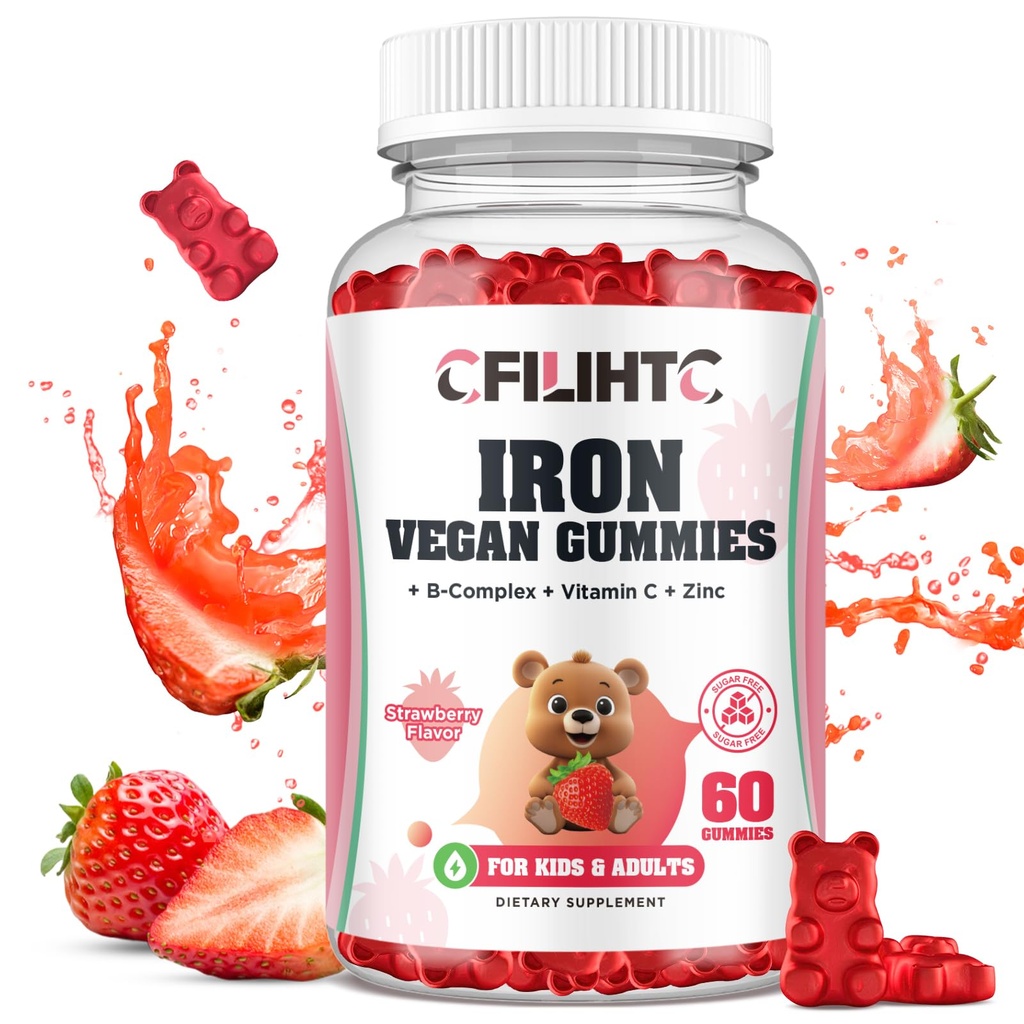 Iron Gummies for Kids, Women & Men, Iron Supplement with Multivitamin - Vitamin B Complex, C, B6, B12, Folate, Zinc for Anemia, Iron Deciency, Blood Builder, Energy - Flavor Φράουλα, Vegan 60ct