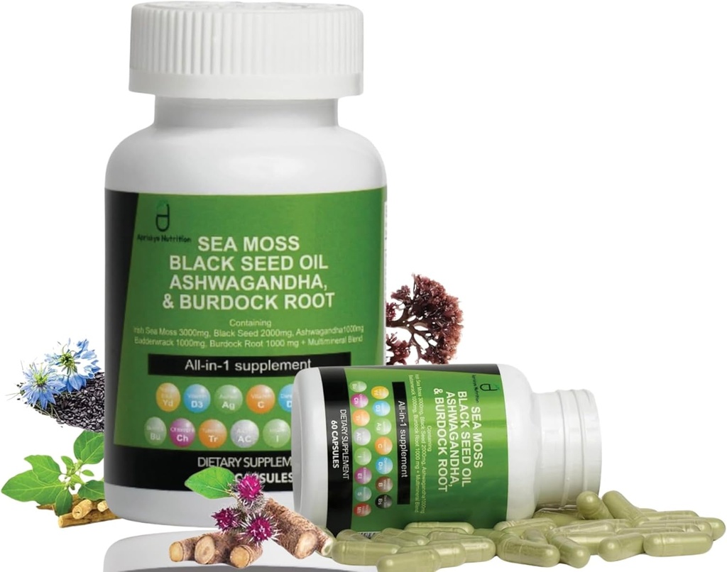 Sea Moss Κάψουλες - 60 κάψουλες Seamoss Black Seed Oil Ashwagandha Burdock Root Supplement, Irish Sea Moss Supplement with Vitamin C D3 Manuka & Dandelion, Multi Minerals Supplement