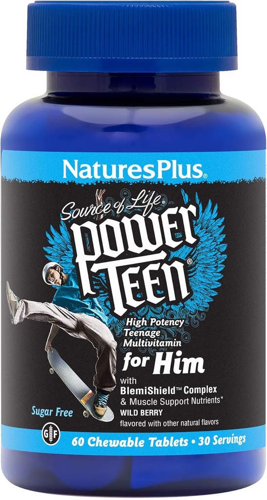 NaturesPlus Source of Life Power Teen for Him, Wild Berry - 60 Chewable Tablets, Pack of 2 - High Potency Teenage Multivitamin - Gluten Free, Sugar Free - 60 Total Servings