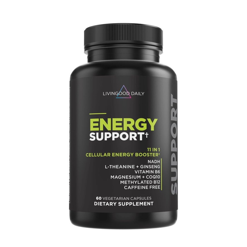 Livingood Daily Energy Support, 11-σε-1 συμπλήρωμα με μαγνήσιο, βιταμίνη Β6, Β12, Αμινοξέα, L Καρνιτίνη, CoQ10, Ginseng & L Theanine, Υποστηρίζει τη φυσική ενέργεια για άνδρες & γυναίκες, Vegan, 60 κάψουλες