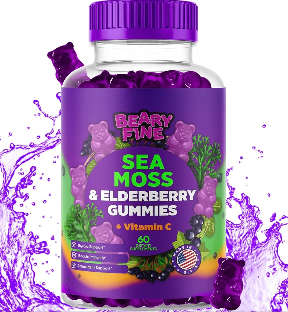 Sea Moss Gummies & Elderberry - Βιταμίνη C + Ψευδάργυρος – Επιπλέον δύναμη Ανοσοποιητική & Θυρεοειδή υποστήριξη Booster Gummy Bears για παιδιά & ενήλικες - 60 Seamoss Gummies - Made in The USA