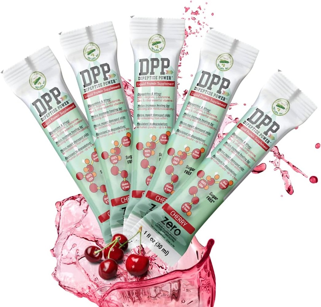 Διατροφικά Σχέδια DPP Dipeptide Power Liquid Collagen & Whey Protein Supplement, Sugar-Free, Προάγει το υγιές δέρμα & τα μαλλιά για άνδρες & γυναίκες, κεράσι, Single Servet Packet, 1 oz (25 πακέτα)