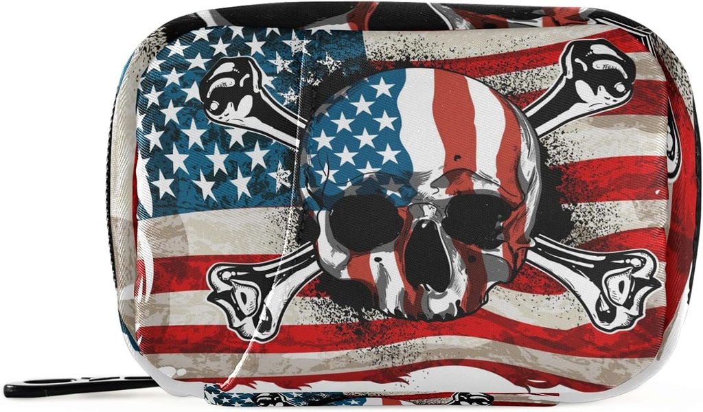 American Flag Skull Pill Box 7 Day Pill Case Travel Pill Organizer Bag with Zipper Portable Weekly Case Compact Size for Vitamin Supplement Holder