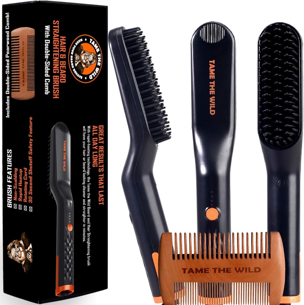TAME The Wild Beard Brush and Beard Straightener for Men - Ιωνική Θερμαινόμενη Comb με 3 Ρυθμιζόμενες Temps - Ξύλινη Γενετική Comb για Στρώσιμο - Anti-Scald Safety - για όλους τους τύπους μαλλιών