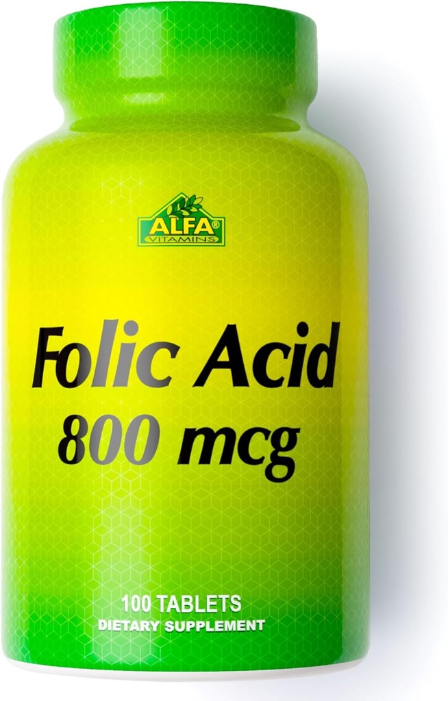 ALFA VITAMINS Φολικό οξύ 800 mcg Προγεννητικό συμπλήρωμα, υποστηρίζει καρδιοαγγειακή υγεία, το σώμα και τις λειτουργίες του εγκεφάλου, Κόκκινος σχηματισμός κυττάρων αίματος & υγιής ανάπτυξη του εμβρύου, συμπλήρωμα διατροφής, 100 δισκία