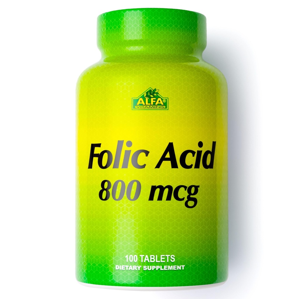ALFA VITAMINS Folic Acid 800 mcg Prenatal Supplement, Supports Cardiovascular Health, Body & Brain Functions, Red Blood Cell Formation & Healthy Fetal Development, Dietary Supplement, 100 Tablets