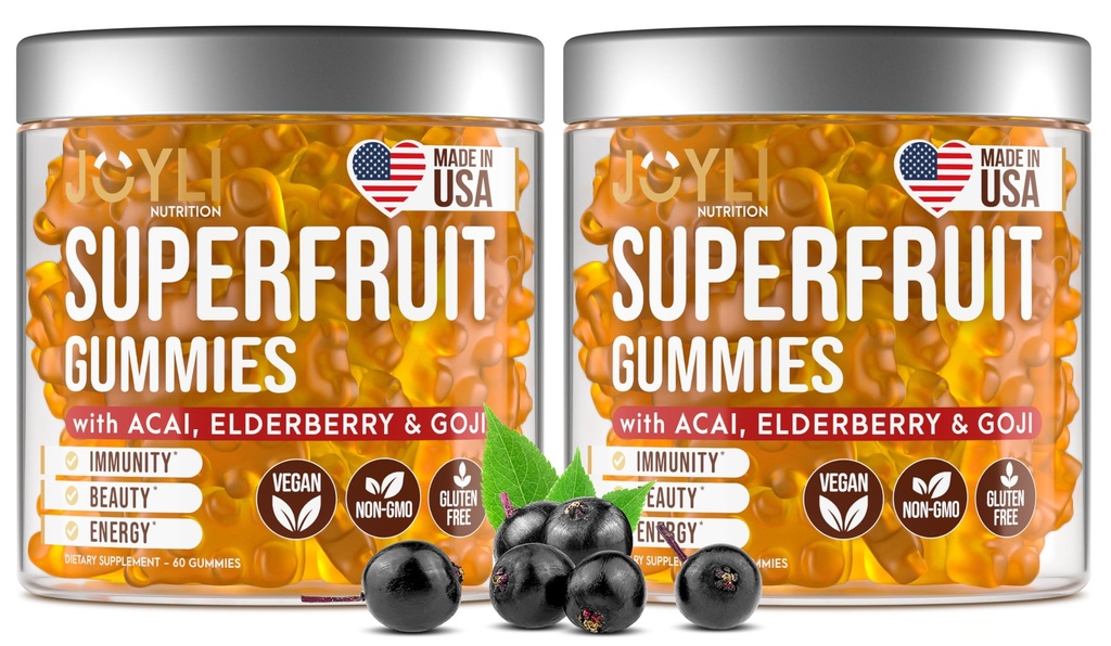 2 Pack - Πολυβιταμίνη Φρούτων Gummies Βιταμίνες A, C, D & E για ενήλικες και παιδιά - Superfruit Gummy για γυναίκες & άνδρες με Goji, Elderberry - Υποστηρίζει Ανοσία, Digestion & Energy - 60 μασώμενα Veggie Gummies