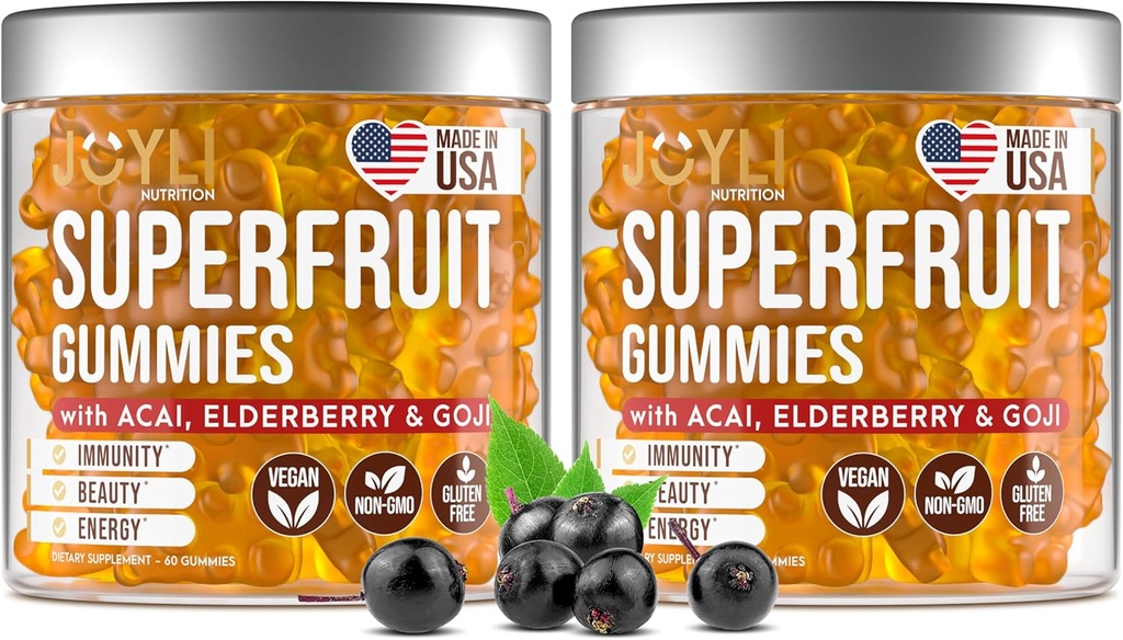 2 Pack - Πολυβιταμίνη Φρούτων Gummies Βιταμίνες A, C, D & E για ενήλικες και παιδιά - Superfruit Gummy για γυναίκες & άνδρες με Goji, Elderberry - Υποστηρίζει Ανοσία, Digestion & Energy - 60 μασώμενα Veggie Gummies