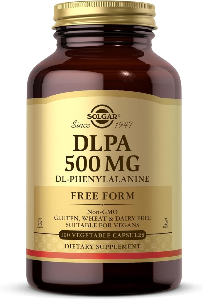 Solgar DLPA 500 mg - 100 κάψουλες λαχανικών - Δωρεάν μορφή DL-Φαινυλαλανίνη - Μη ΓΤΟ, Vegan, Χωρίς γλουτένη, Χωρίς γαλακτοκομικά, Kosher - 100 Σερβιέτες