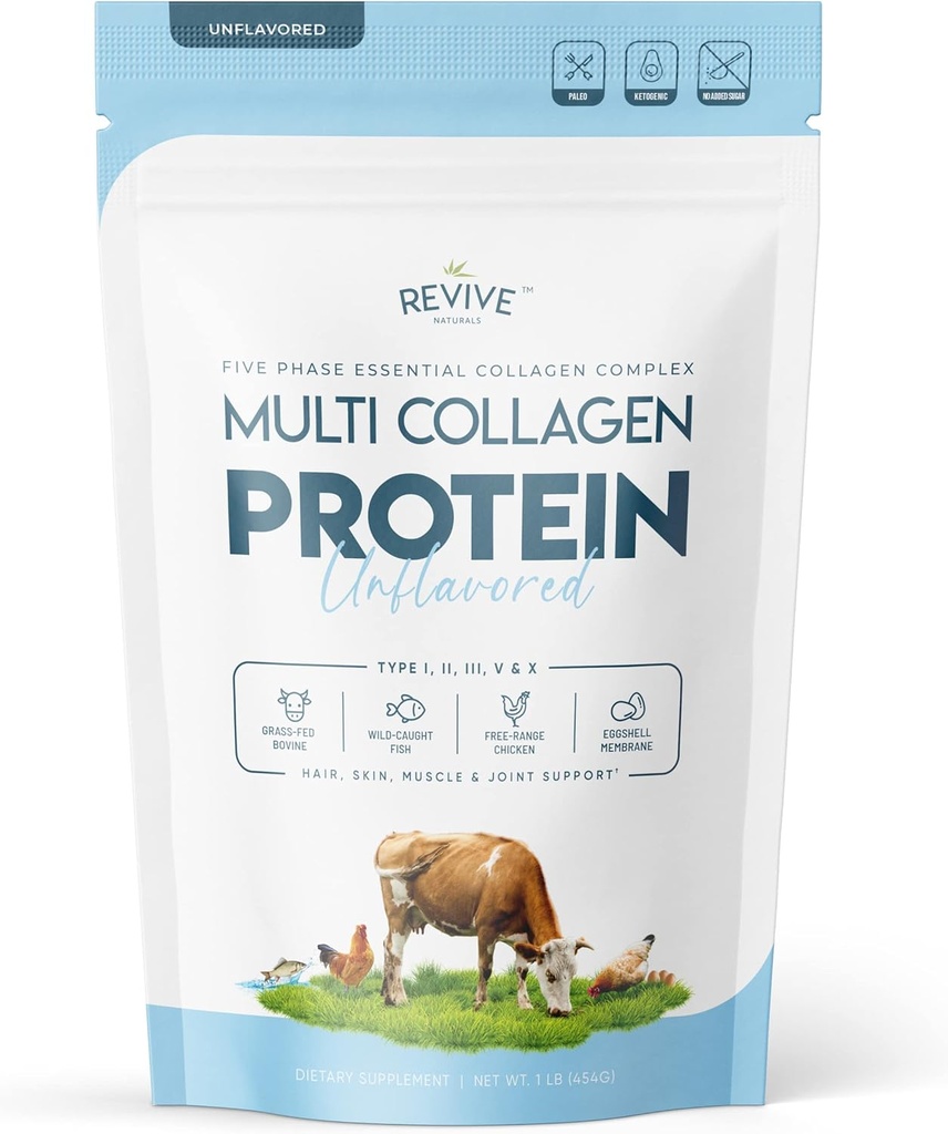 Multi Collagen Hydrolyzed Protein Powder (16oz) - Τύποι I, II, III, V & X - Grass Fed Bovine (Peptan®), Wild Caught Marine, Free Roaming Chicken & Eggshell Collagen Peptides, Non-GMO, GF.