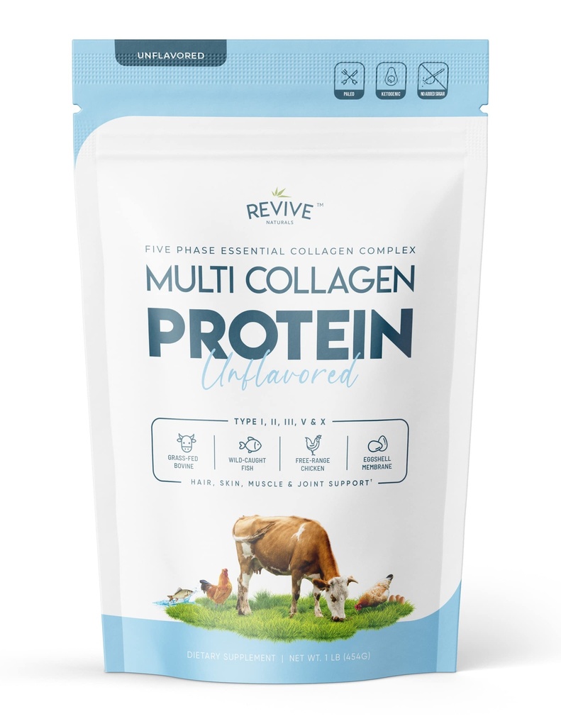 Multi Collagen Hydrolyzed Protein Powder (16oz) - Τύποι I, II, III, V & X - Grass Fed Bovine (Peptan®), Wild Caught Marine, Free Roaming Chicken & Eggshell Collagen Peptides, Non-GMO, GF.