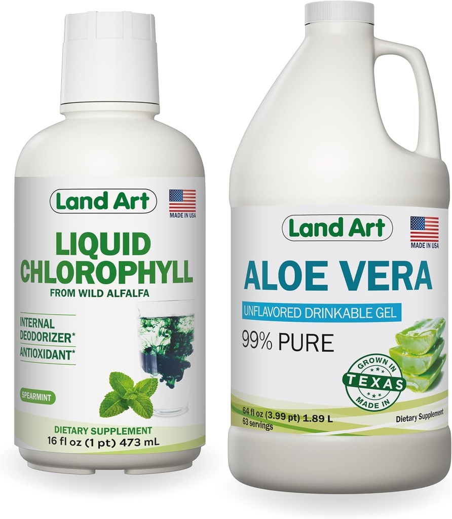 Land Art Pure Aloe Vera Drinkable Gel Unflavored 64 fl oz + Liquid Chlorophyll Mint Flavored 16 fl oz