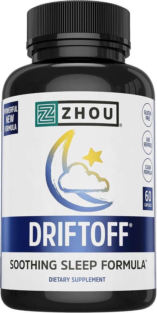 Zhou Driftoff - Nature Inspired Sleep Aid, Valerian Root & Melatonin for Sleep for Men & Women, Calm Sleep Supplement for Adults with Gaba & Chamomile to Relax - 60 Veggie Caps