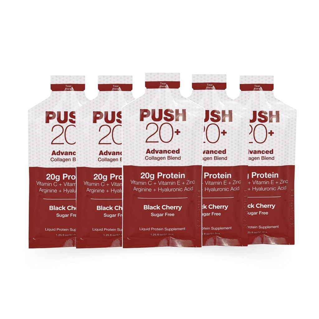 PUSH20+ Advanced Collagen Blend - Liquid Protein 20g ανά 1,25 fl. oz - Black Cherry Flavor - Βιταμίνη C, Collagen Peptides, Hyaluronic Acid, Vitamin E & Best Liquid Collagen by Being Well Essentials