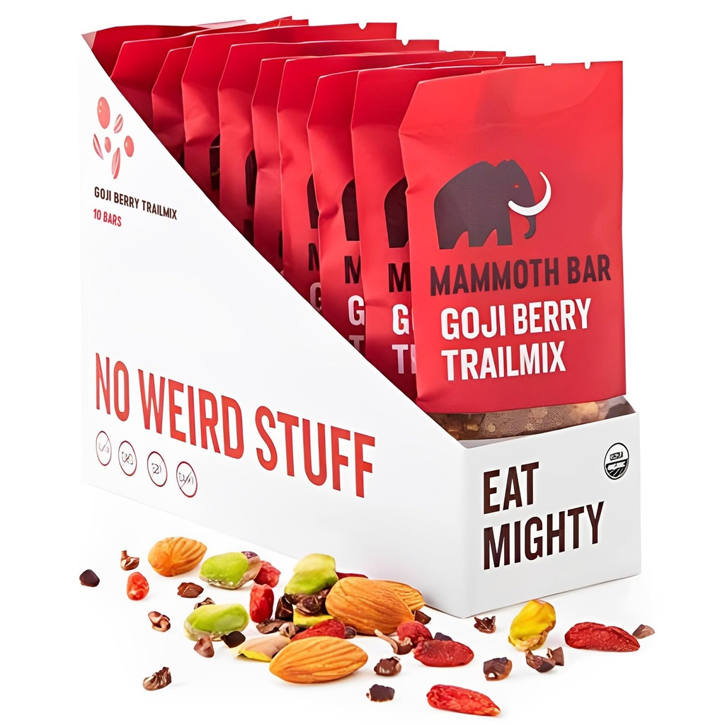 Mammoth Bar Goji Berry Trail Mix - 10 Organic Protein Bars – Prebiotic • Παλαιό • Χωρίς γλουτένη • Πρωτεΐνες αυγών • GMO Free • Ακατέργαστο • Premium Καρποί με κέλυφος