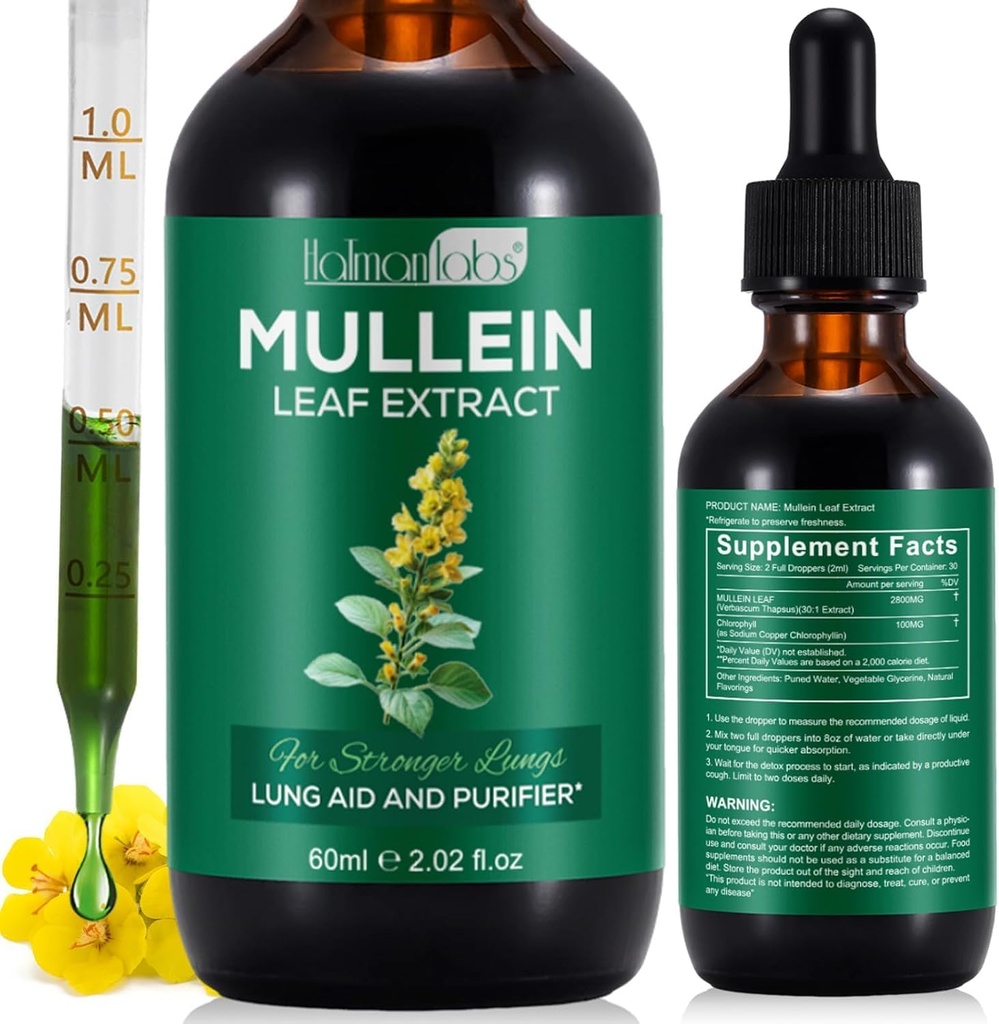 Mullein Leaf Extract for Lungs, Mullein Drops for Lungs, Support Lung, Respiratory Function for Healthy Breathing, Improvement in Pulmonary Function, Natural & Safe Supplement (1 PC)