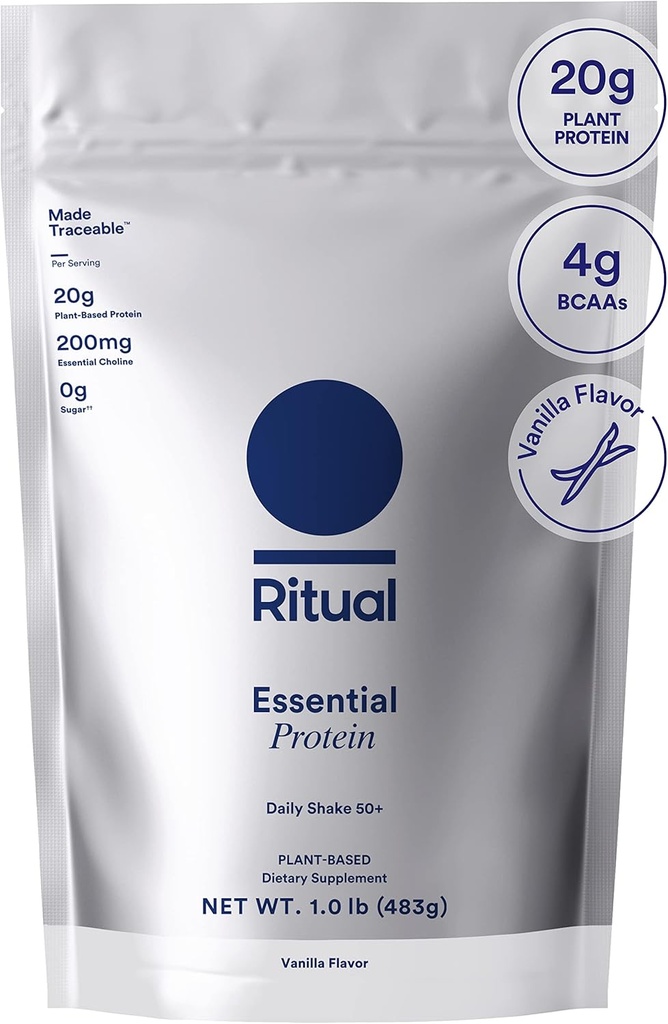 Ritual 50+ Vegan Protein Powder με BCAA: 20g Βιολογική πρωτεΐνη τύρφης από αναγεννητικά αγροκτήματα στις ΗΠΑ, Plant Based, Hand-Crafted Vanilla, 3rd Party Tested, Gluten-free, Dairy-Free, Non-GMO, 1 Lbs