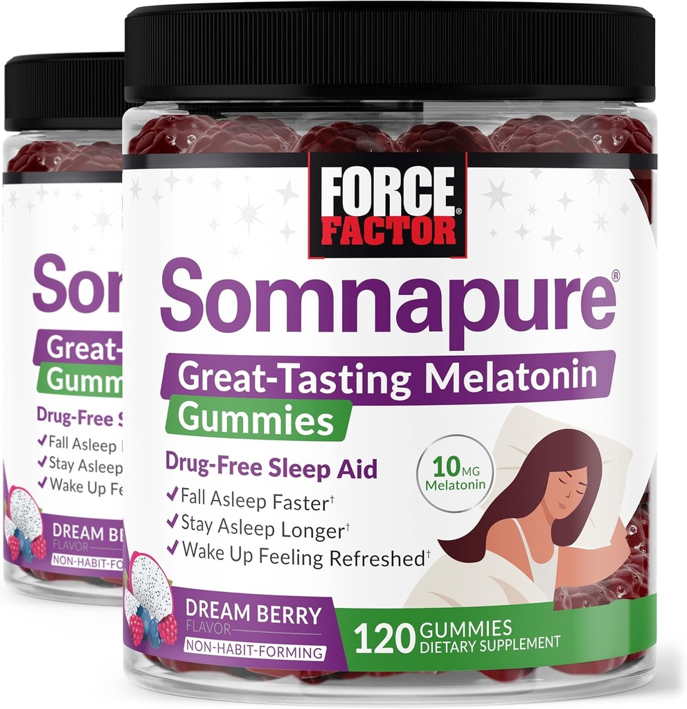 Force Factor Somnapure Gummies με μελατονίνη, συμπλήρωμα υποστήριξης ύπνου χωρίς ναρκωτικά για ενήλικες με περιστασιακή αϋπνία, Dream Berry Flavor, 120 Count (Pack of 2)