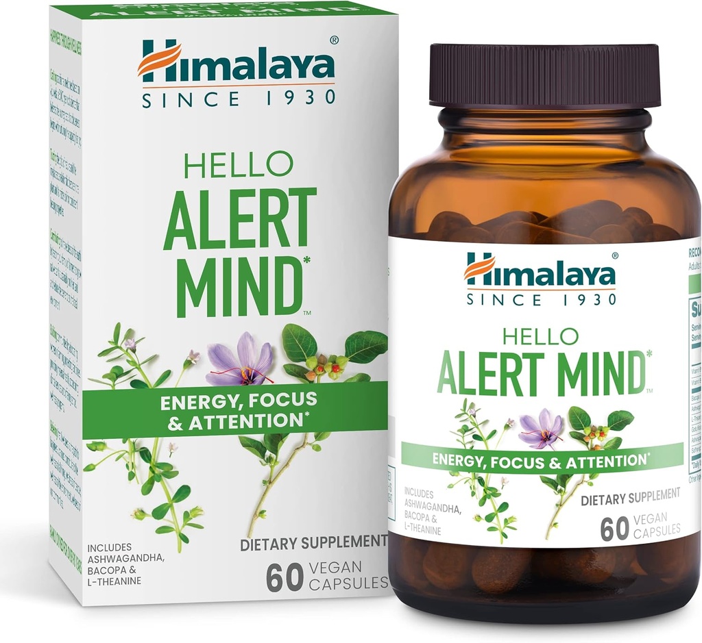 Himalaya Hello Alert Mind with L-Theanine, Ashwagandha, Bakopa, Βιταμίνη B6 & B12, for Energy, Focus & Προσοχή, Vegan, Χωρίς γλουτένη, 60 κάψουλες