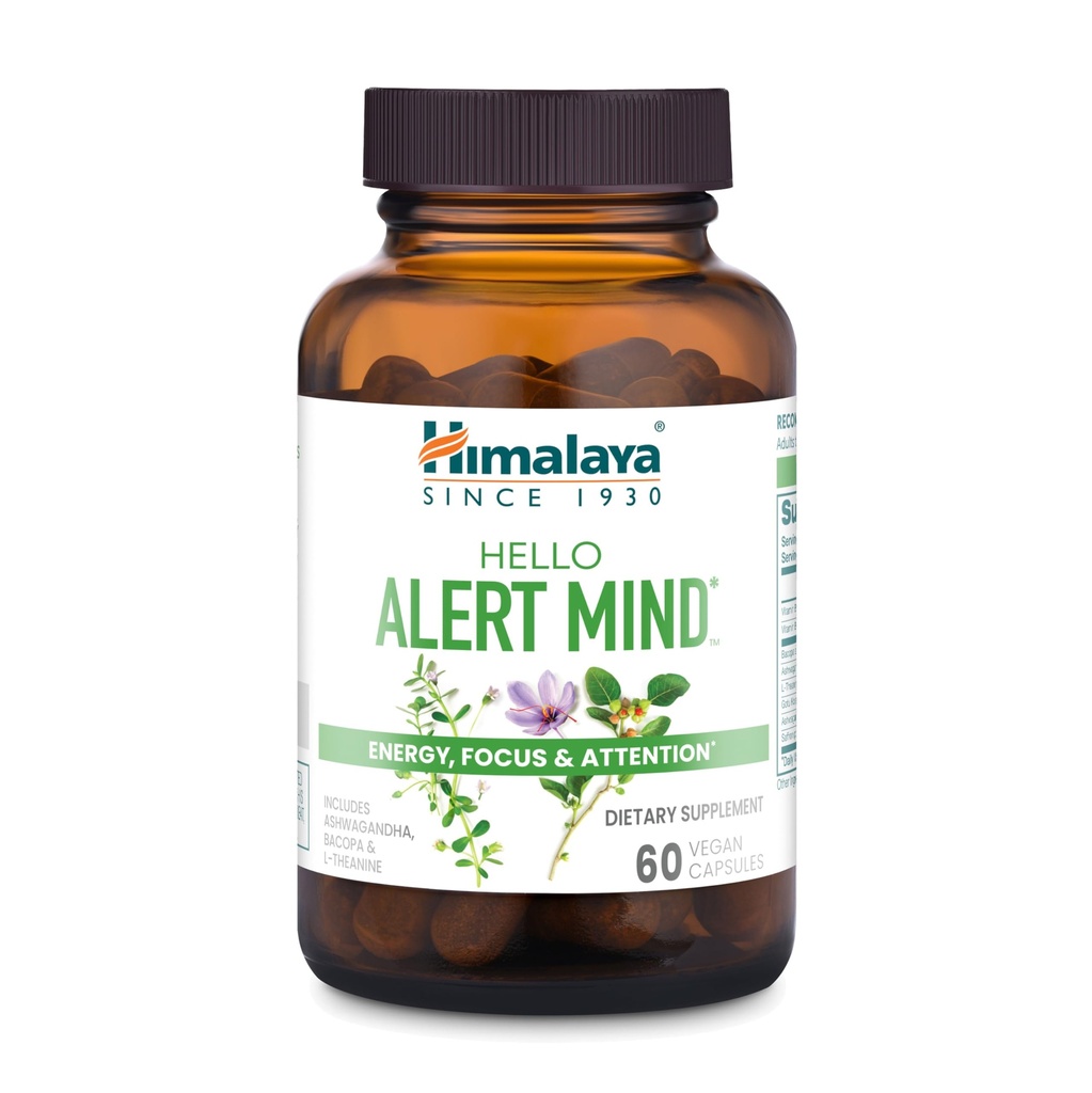 Himalaya Hello Alert Mind with L-Theanine, Ashwagandha, Bakopa, Βιταμίνη B6 & B12, for Energy, Focus & Προσοχή, Vegan, Χωρίς γλουτένη, 60 κάψουλες