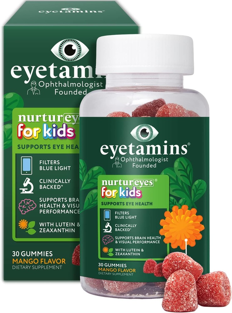 eyetamins Nurtureyes Eye Health Gummy for Kids - 30 Easy-to-Chew, Mango Gummies - Οφθαλμίατρος- Δημιουργημένα παιδιά Βιταμίνες ματιών - Φυσικό, Vegan, και μη-GMO Formula