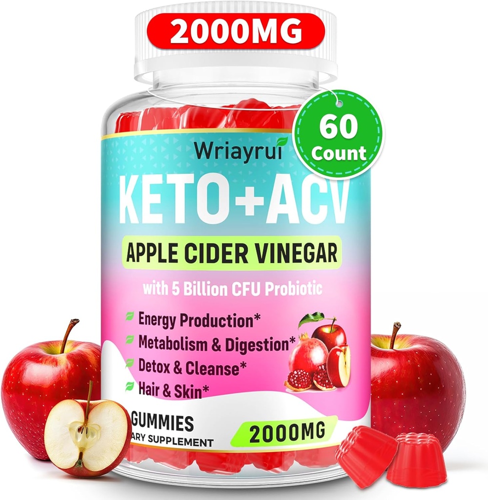 Μηλίτης μηλίτη, Γρήγορο κέτο ACV Gummies, Max Strength 2000mg, Formulated with Green Tea, B6 & B12, Probiotics, ACV για Μεταβολισμό, Digetion, Detox & Cleanse, 60 Counts