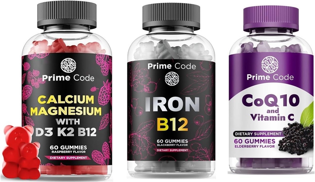 Prime Code Calcium Gummies for Women & Men with Magnesium Vitamin B12 Vitamin K2 & Vitamin D3, Iron Gummies for Women & Men, [2 in 1] CoQ10 200mg & Vitamin C