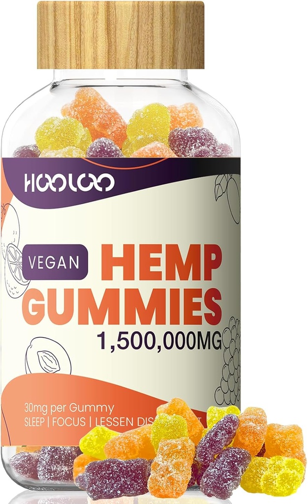 HOOLOO Hemp Gummies, Vegan, 2 Pack (Vegan-1,500,000mg, Juicy Orange, Grape, Peach)