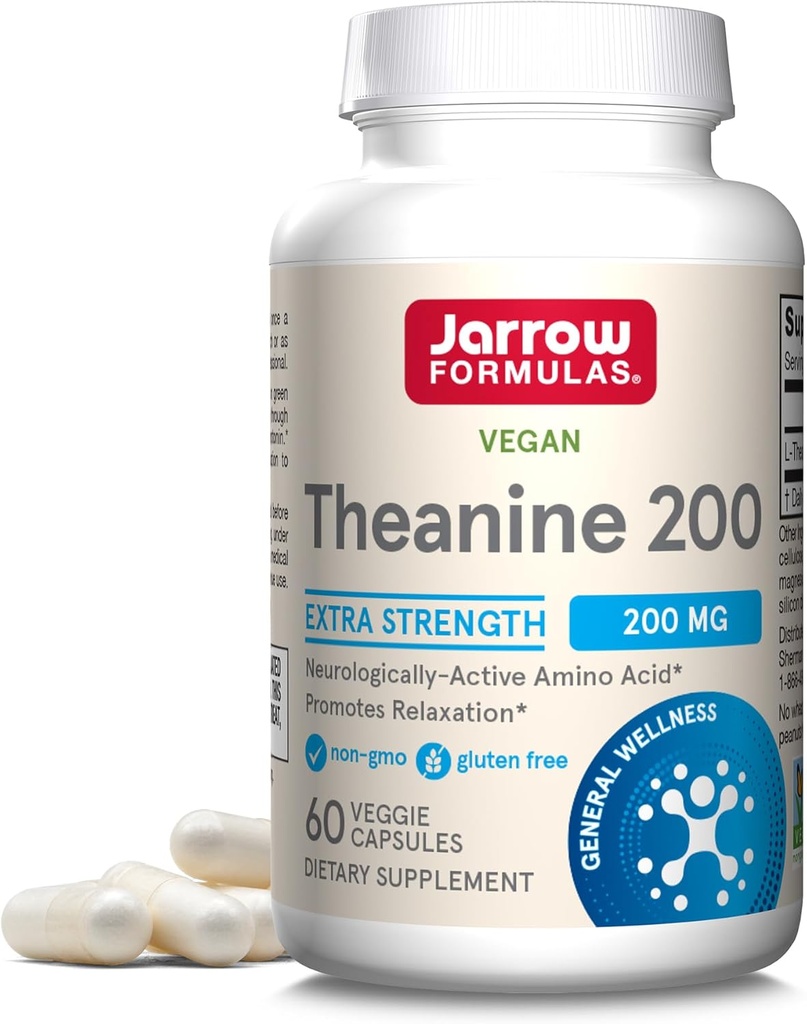 Jarrow Formulas Extra Strength Theanine 200 mg, Dietary Supplement That Promotes Relaxation, Amino Acid Supplement for Relaxation Support, 60 Veggie Capsules, 60 Day Supply
