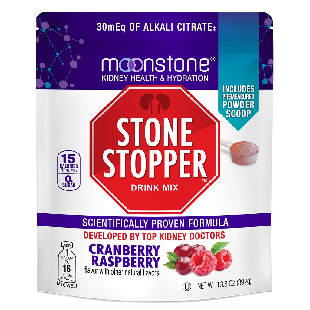 Moonstone Stone Stopper Drink Mix, Cranberry Raspberry, Kidney Stone Prevention, Oxalate Protector, Αναπτύχθηκε από ουρολόγους για τη βελτίωση της ενυδάτωσης και την υποστήριξη της υγείας των νεφρών, 30 ημέρες προσφοράς