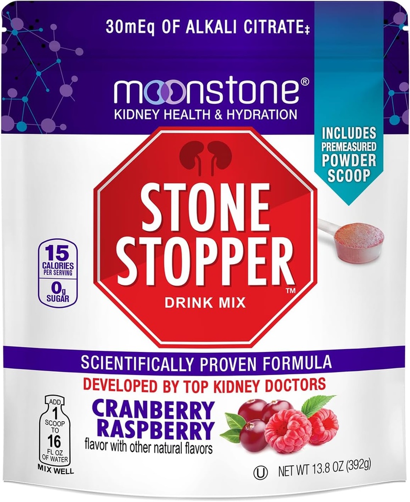 Moonstone Stone Stopper Drink Mix, Cranberry Raspberry, Kidney Stone Prevention, Oxalate Protector, Αναπτύχθηκε από ουρολόγους για τη βελτίωση της ενυδάτωσης και την υποστήριξη της υγείας των νεφρών, 30 ημέρες προσφοράς
