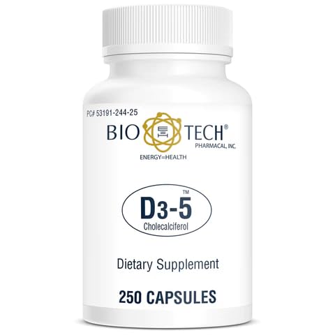 Bio-Tech Pharmacal D3-5 (5000 IU), 250 κάψουλες – All-Φυσικό συμπλήρωμα – Υποστηρίζει την υγεία των οστών & του ανοσοποιητικού – Όχι γαλακτοκομικά, ψάρια, γλουτένη, φυστίκι, κέλυφος, & σόγια – Δεν τεχνητά χρώματα