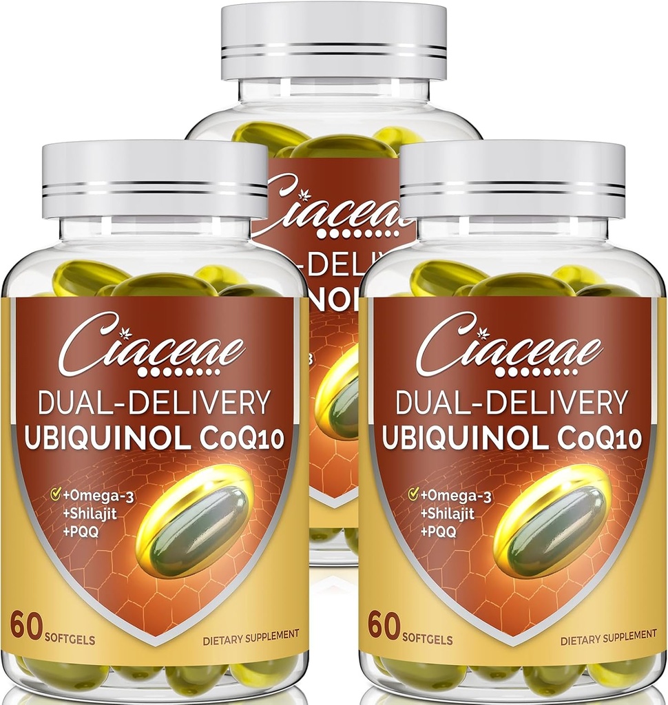 Ubiquinol CoQ10 600 MG Softgels με Omega-3 & Shilajit & PQQ, Advanced Dual-Delivery Coenzyme-Q10, Active CoQ10 Ubiquinol Supplement for Fertility, Antioxidant, Heart, Brain & Energy, 180 Services