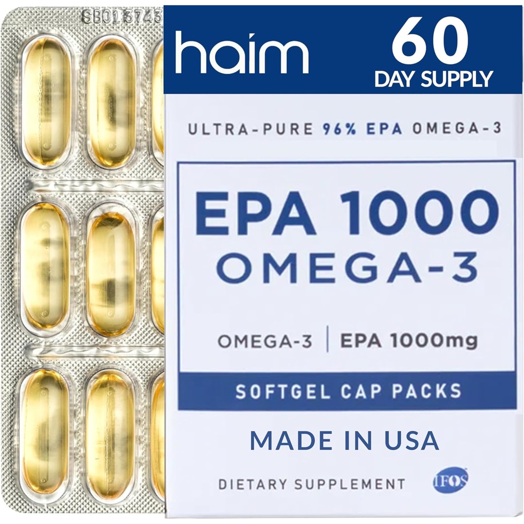 HAIM EPA1000 – Συμπλήρωμα ιχθυελαίου υψηλής ισχύος EPA – 1.100mg Omega-3 για την καρδιά, τον εγκέφαλο και την κοινή υγεία – Pharmaceutical-Grade Softgels – Pure, Burpless Κάψουλες – 60 Softgels – Made in USA