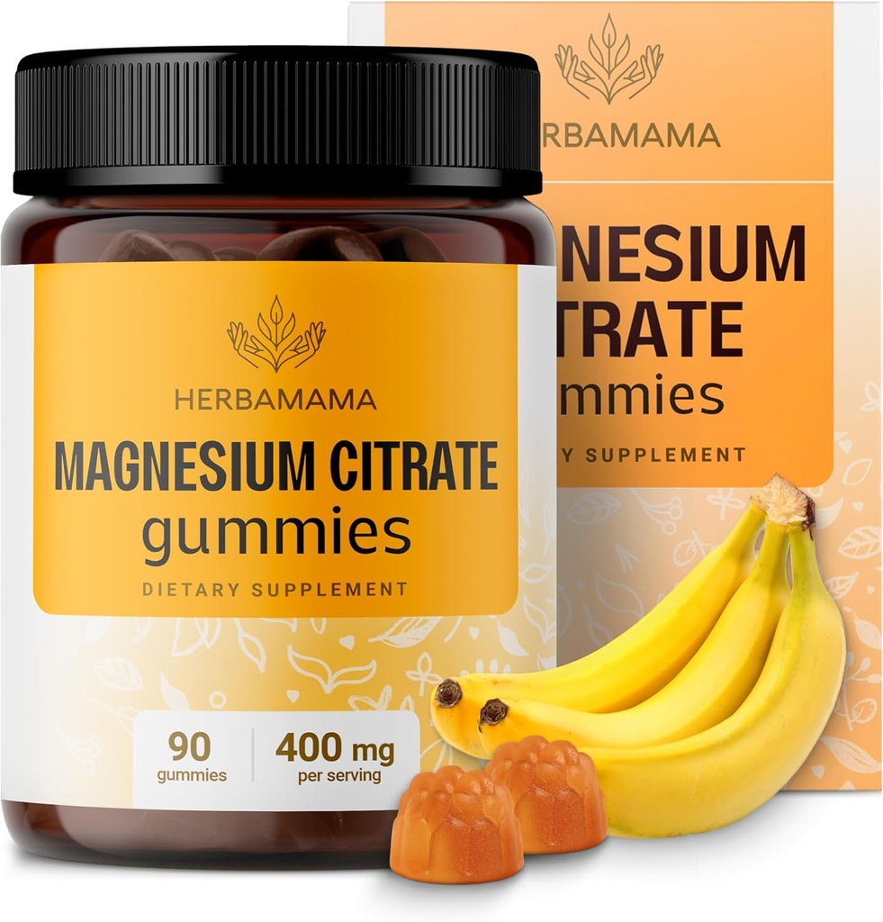 HERBAMAMA Calm Magnesium Gummies - 400mg Μαγνήσιο Κιτρικό για την υποστήριξη της χαλάρωσης - Vegan, μη ΓΤΟ συμπλήρωμα για ενήλικες - 90 Pectin-based Banana-Flavored Chews