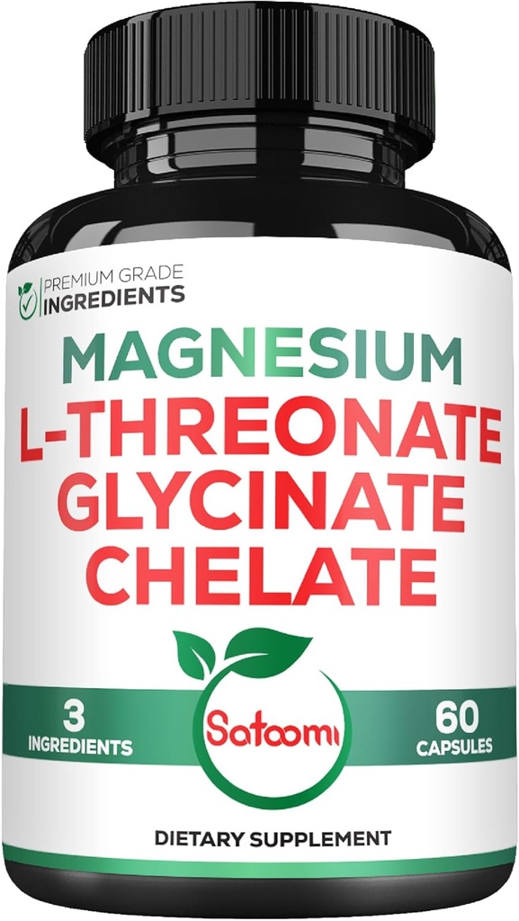 Satoomi 1200mg 3in1 Magnesium L-Threonate Supplement with Glycinate & Chelate - 60 Vegan Capsules